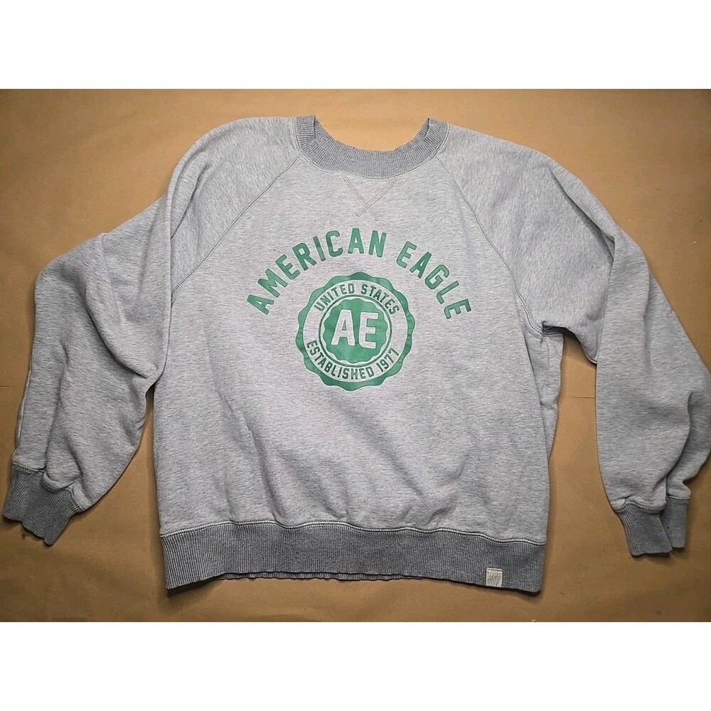 American Eagle Crewneck Pullover Gray Sweatshirt Green Graphic Logo Women’s M